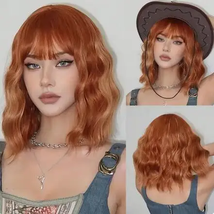 

Orange Ginger Synthetic Wigs Short Wave Hair Wigs with Bangs Natural Curly Bob Wigs For Women Lolita Cosplay Heat Resistant