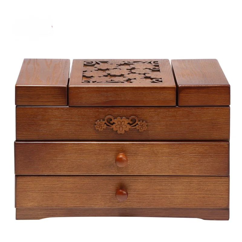 Portable Carved wood jewelry box jewelry boxes with 2 storage drawers custom logo welcome