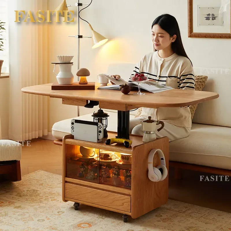 For Japanese Solid Wood Tea Table Lifting Coffee Table Dining Table Dual Purpose Folding Retractable Cherry Wood Movable Cart