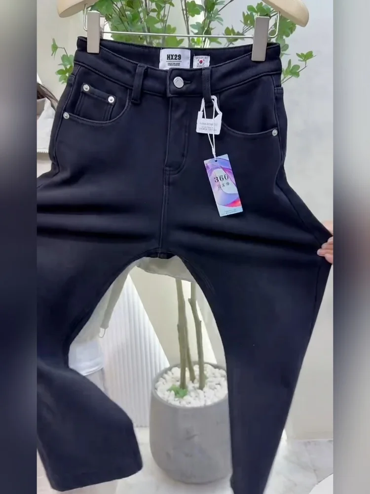 Thiened Fce Jeans a gamba larga da donna Autunno Inverno a vita alta dimagranti pantaloni dritti casual comodi e traspiranti