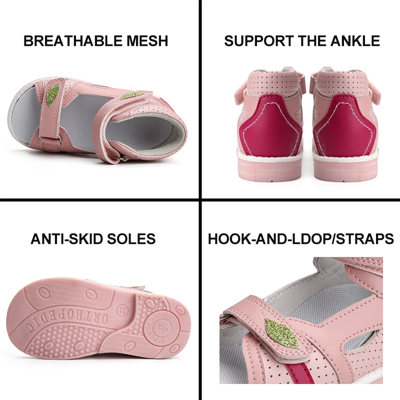 Children Orthopedic Shoes for Girls Summer Kids Leather Open Toe Sandals with Ankle Support Pink Low Top Hollow with Leaf Design