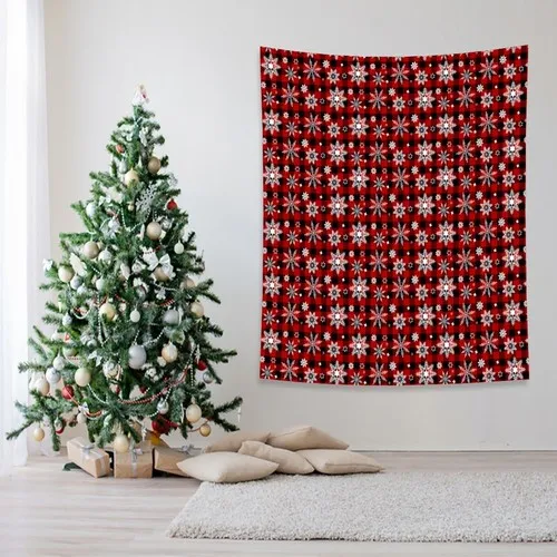 Henge Christmas Christmas Red Black Plaid Pattern Snowflake Wall Cover