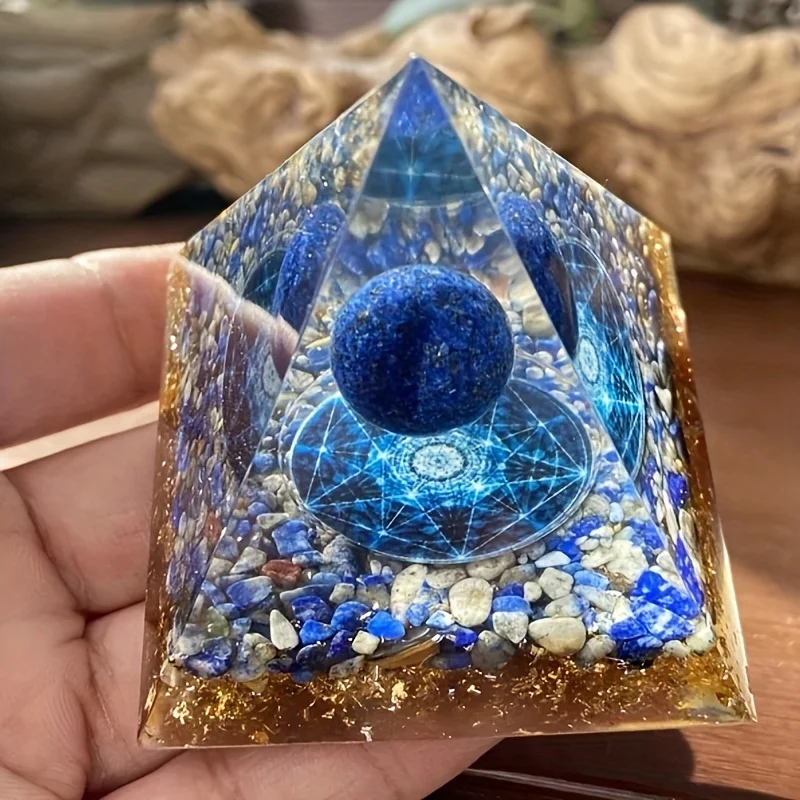 1PC Natural Elixir Lapis Lazuli Epoxy Ogan Pyramid Home Decor, Ogan Positive Energy Pyramid Desk Decoration