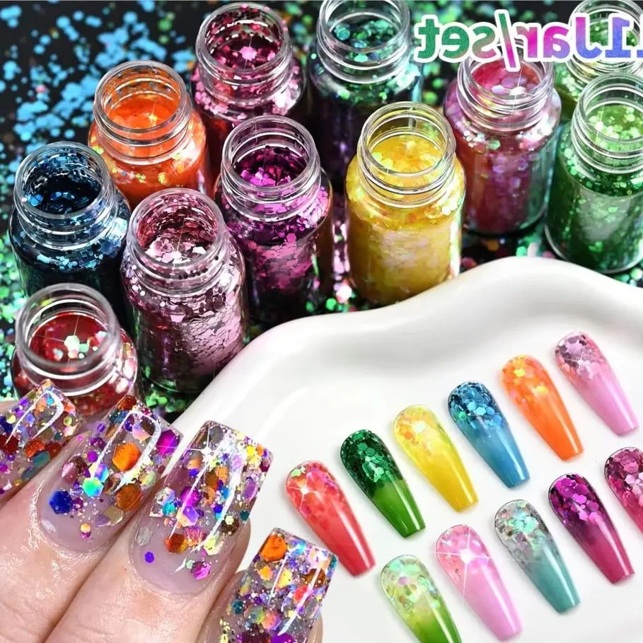 11jars/set Mix Chunky Iridescent Nail Flakes Laser Holographic Hexagon Nail Glitter Sequins Colorful Ultra-thin Nail Charms 10ml