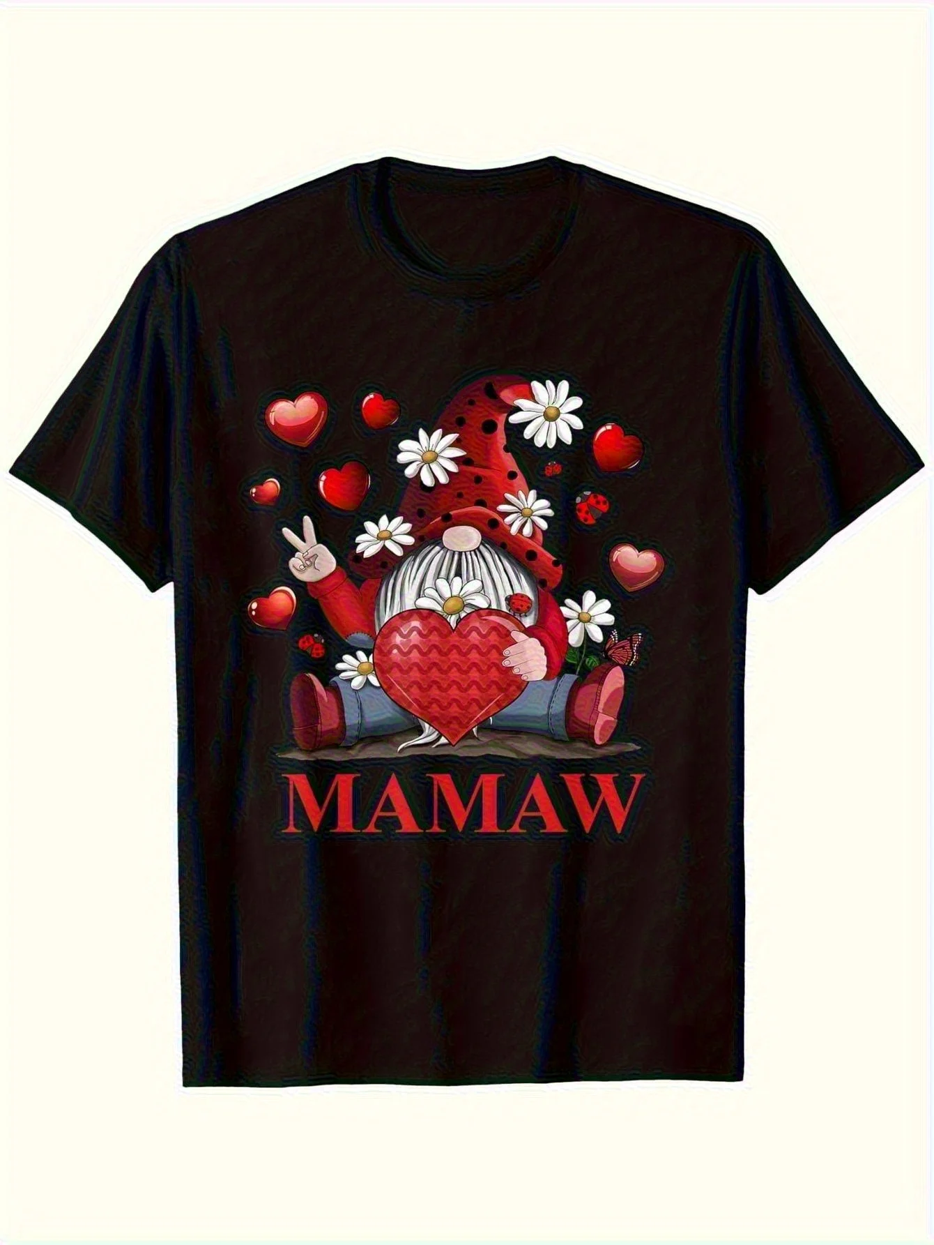 Men's Bohemian style dwarf and heart-shaped printed T-shirt -100% cotton loose short sleeved round neck