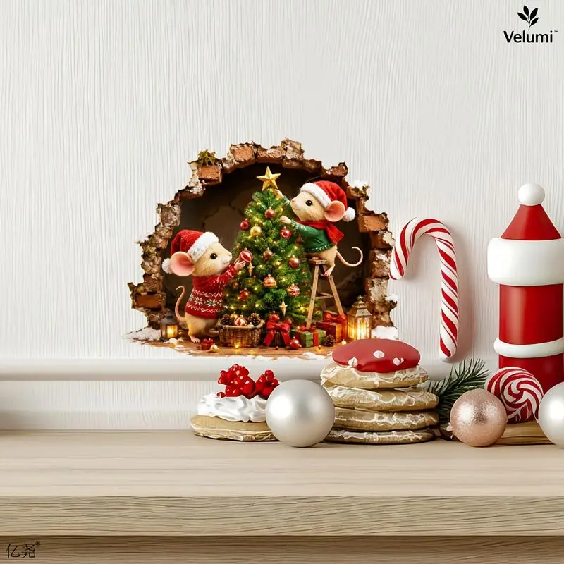 VIKAMA Christmas Double Mouse Christmas Tree Hole Wall Sticker, Self-Adhesive Creative Sticker for Living Room Entrance Decor