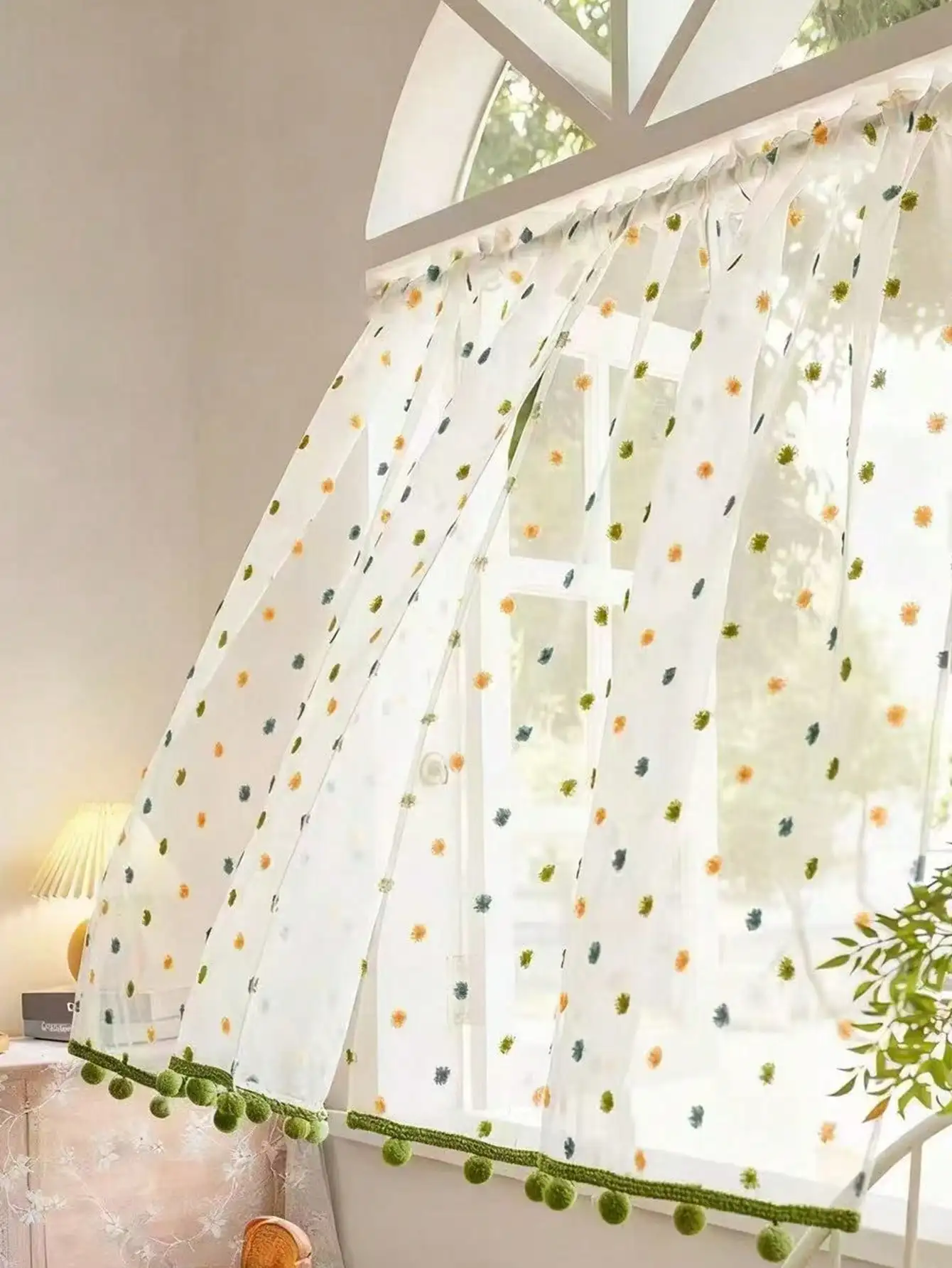 1Pc Multicolor Luxury French Style Kitchen Curtain Green Furry Trim Partition Curtain with Ball Design for Home Decor
