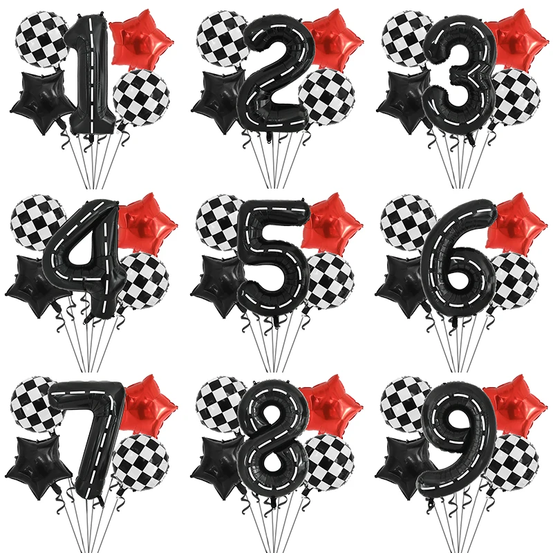 

1/5Pcs Race Track Number 0-9 Foil Balloon Set Black White Racing Balloons Kids Racing Theme Birthday Party Decoration Air Globos