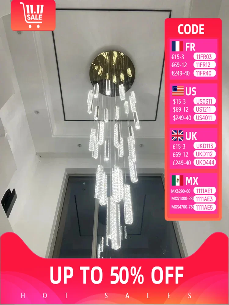 

Modern Long Staircase Pendant Chandelier Luxury Home Decor Gold Hanging Led Lights Fixture Nordic Villa Crystal Home Decoration