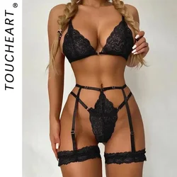 Toucheart 3 peça conjunto pijamas terno lingerie sexy feminino fino conjunto de sutiã de renda transparente ver através de roupa interior erótica feminina novo