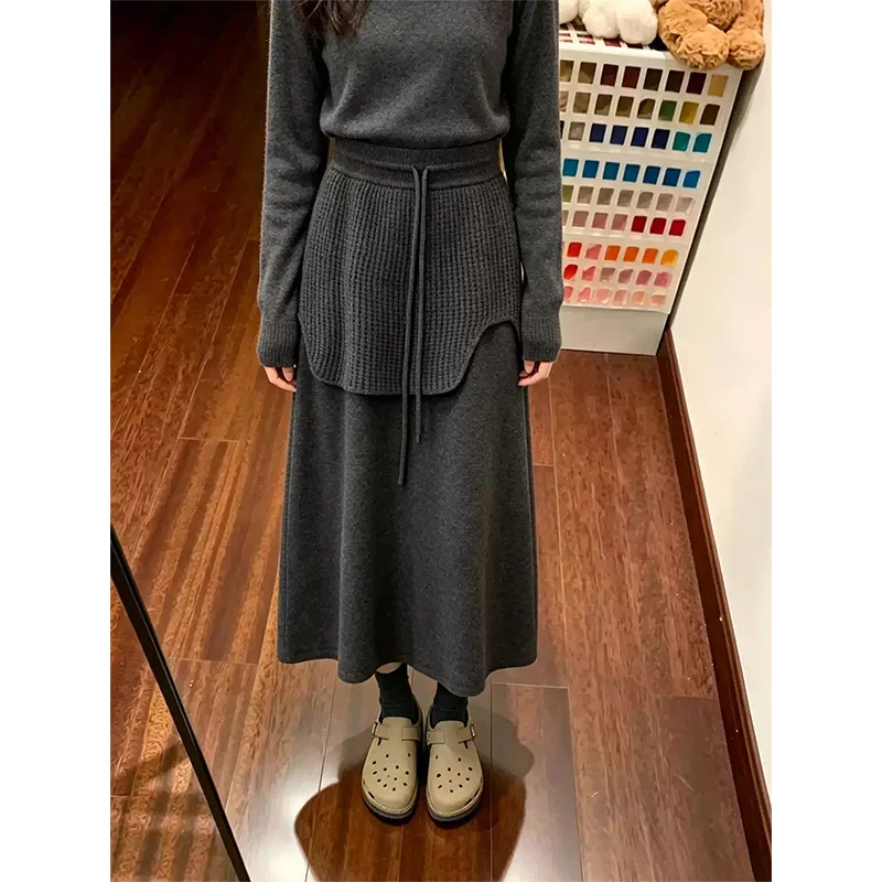 Harajuku Women Grey 2 In 1 Layered Knit Midi Skirt Drawstring Waist Waffle Knit Apron Design A-line Warm Fall Winter Long Skirt