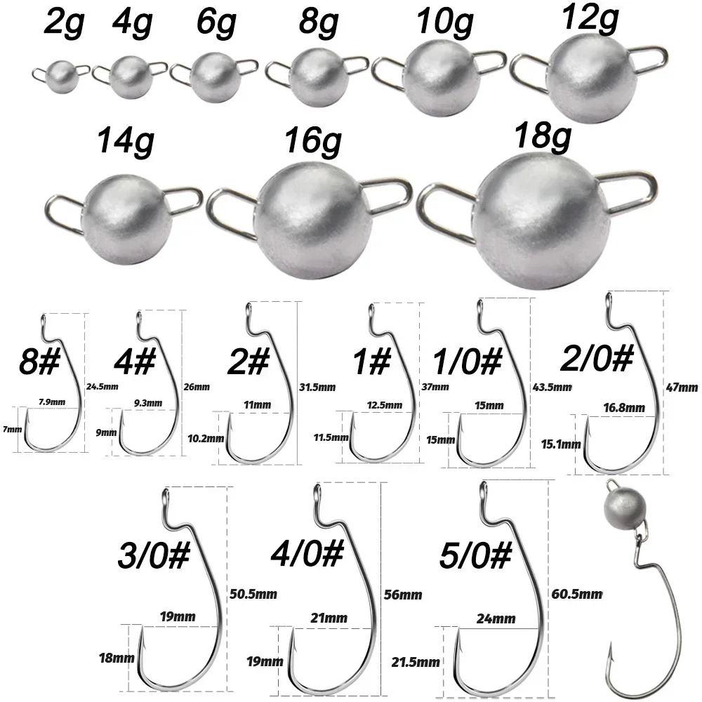 5pcs Metal Jig Head Worm Hooks 2g 4g 10g 14g 18g Weight Crank Gear Sinker Pesca Weedless Offset Rig Fishing Tackle Kit Fishhook