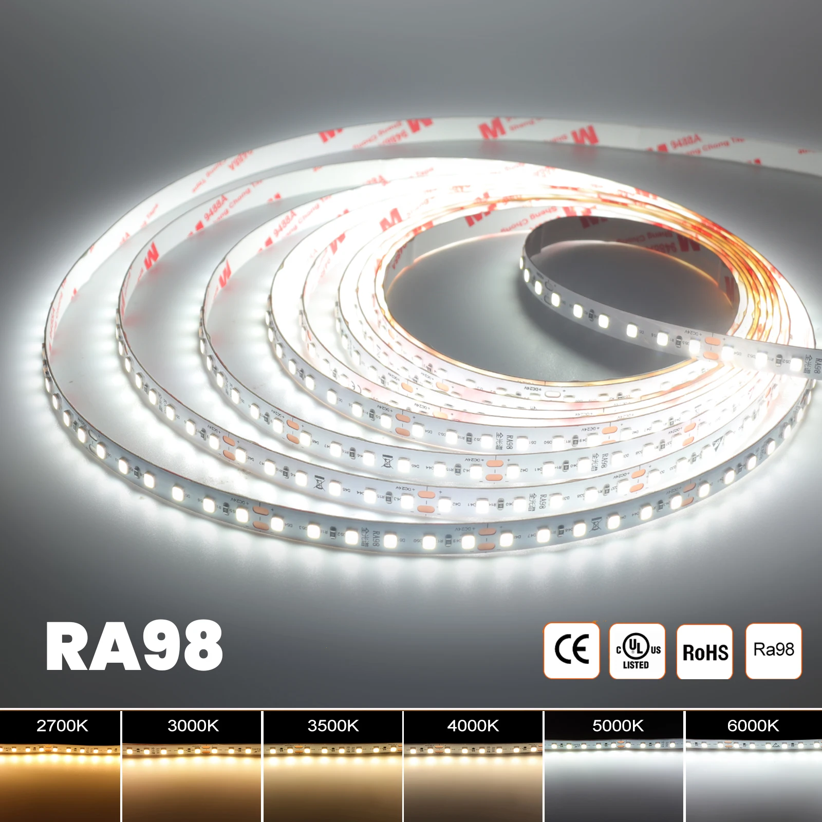 DC 12V 24V RA98 LED Strip SMD 2835 120LEDs/M 2700K 3000K 4000K 5000K 5500K 6000K IP20 Flexible Ribbon Rope Light 5M 10M/Roll