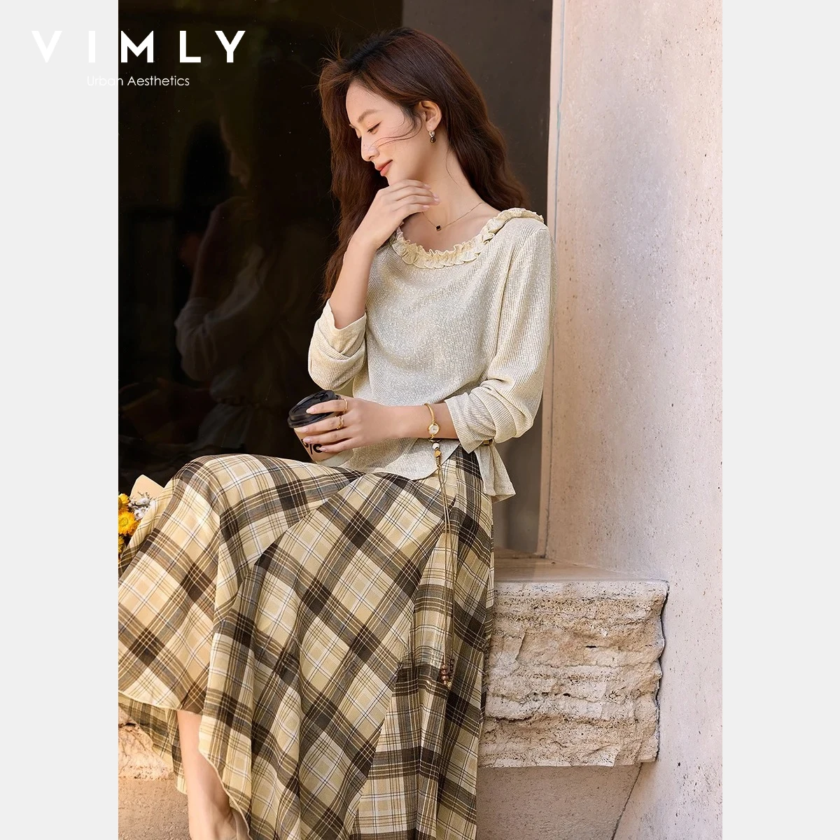 

VIMLY Women's Casual Knit Two-piece Set 2026 Spring New Ruffle Trim Slash Neck Top A-Line Plaid Skirt Fashion 2 Piece Set 30581