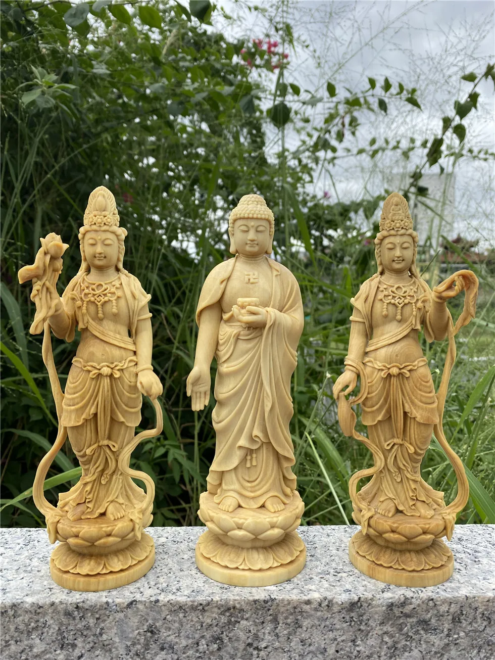 

Western Three Buddha Statues Carving, Home Room Decoration, Buddhist Temple Worship, Amitabha Guanyin Bodhisattva Bodhisattva