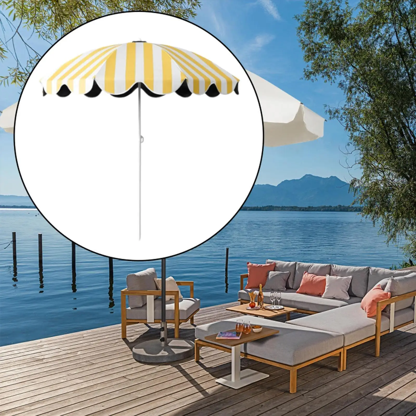 Outdoor Beach Umbrella Yellow White Striped Vinyl Sun Protection Large Parasol Portable for Garden Patio Pool