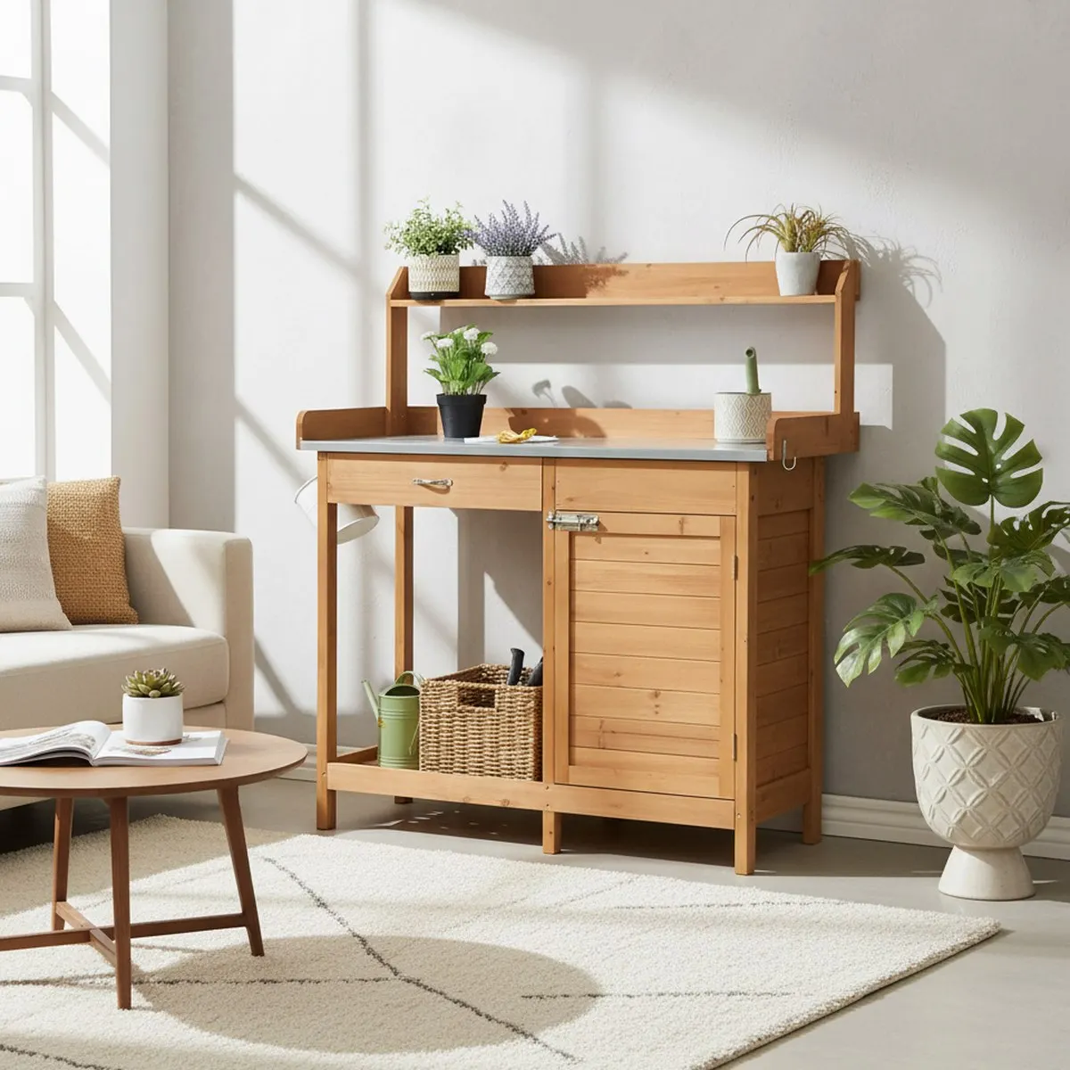 Outdoor Potting Bench Natural Wood Garden Workstation with Storage, Spacious Metal Tabletop, Weatherproof, Yard Furniture