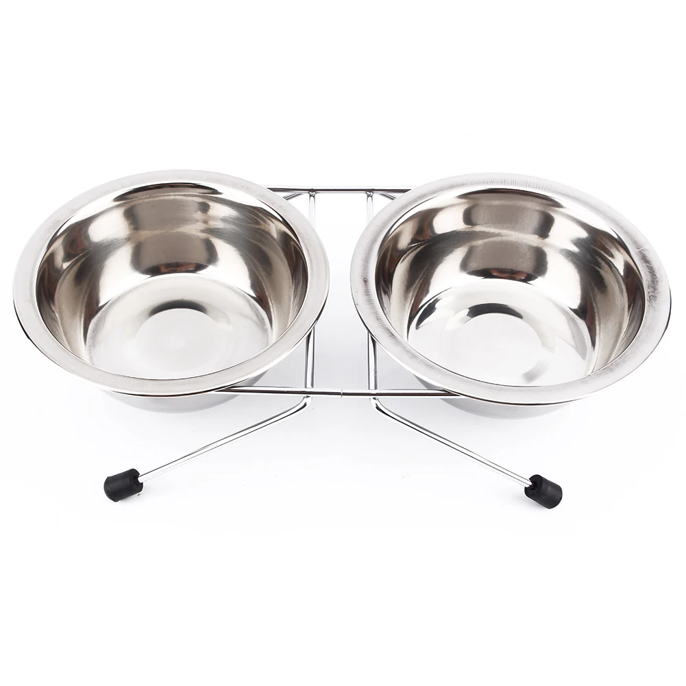 Cute Double Twin Stainless Steel Bowls Dog Puppy Cat Pet Food Water Bowl Dish Iron Stand