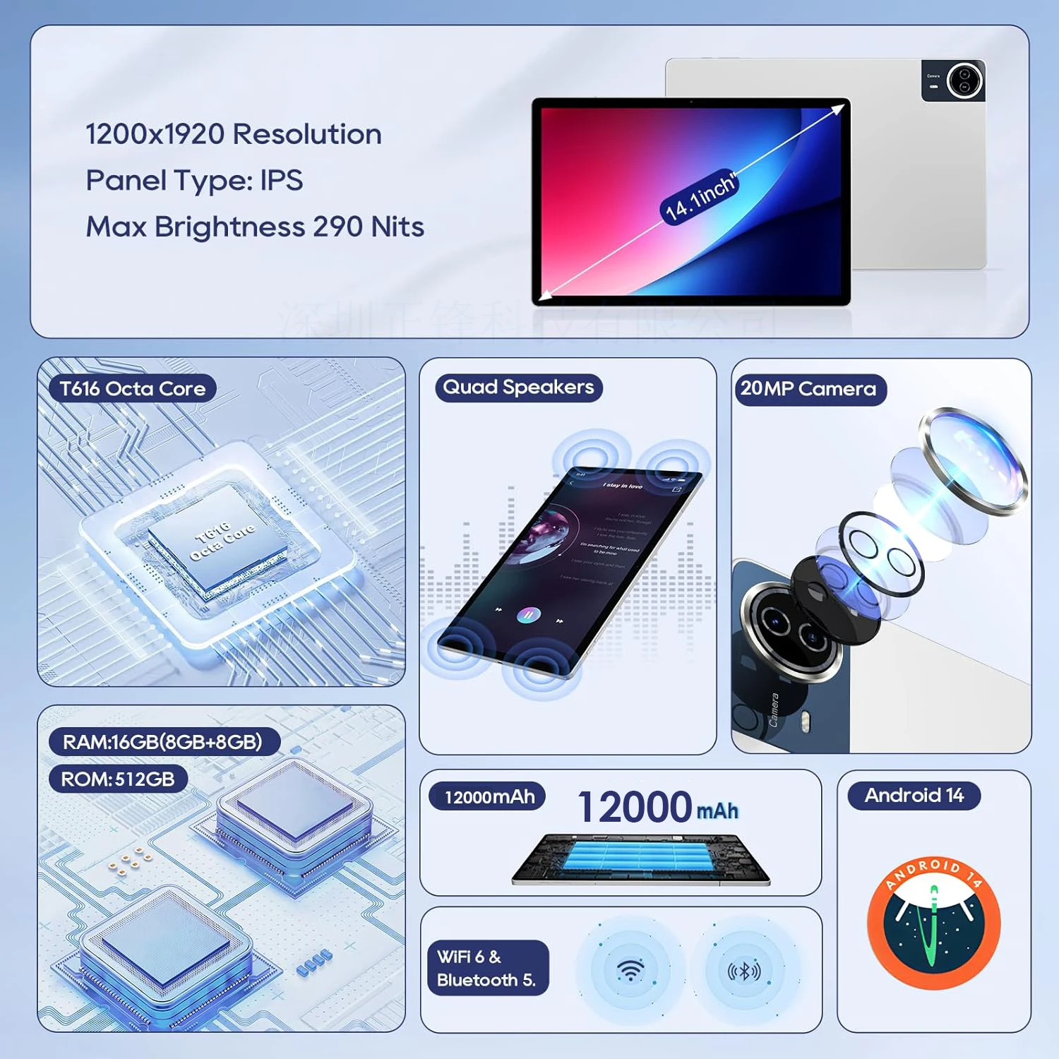 شاشة كبيرة 14 بوصة تعمل بنظام أندرويد 14 تابلت 1200 × 1920 IPS FHD دقة عرض منفذ Type-C بطارية طويلة 12000 مللي أمبير في الساعة واي فاي 6 بلوتوث #6