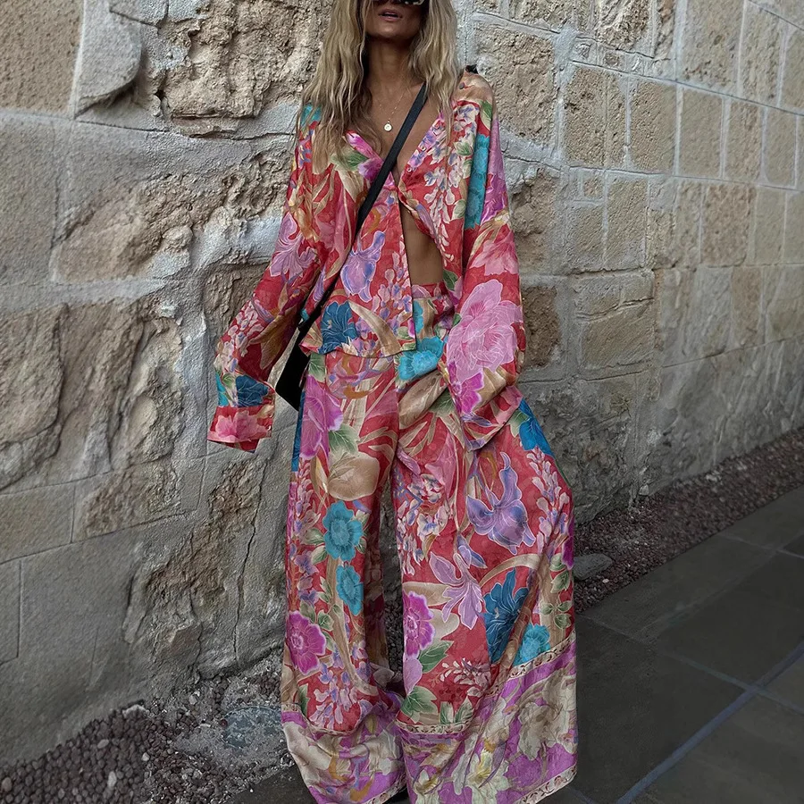 

2025 Autumn New Beach Vacation Casual Women's Suit Fashionable Printed Lapel Long-sleeved Shirt/comfortable Loose Wide-leg Pants