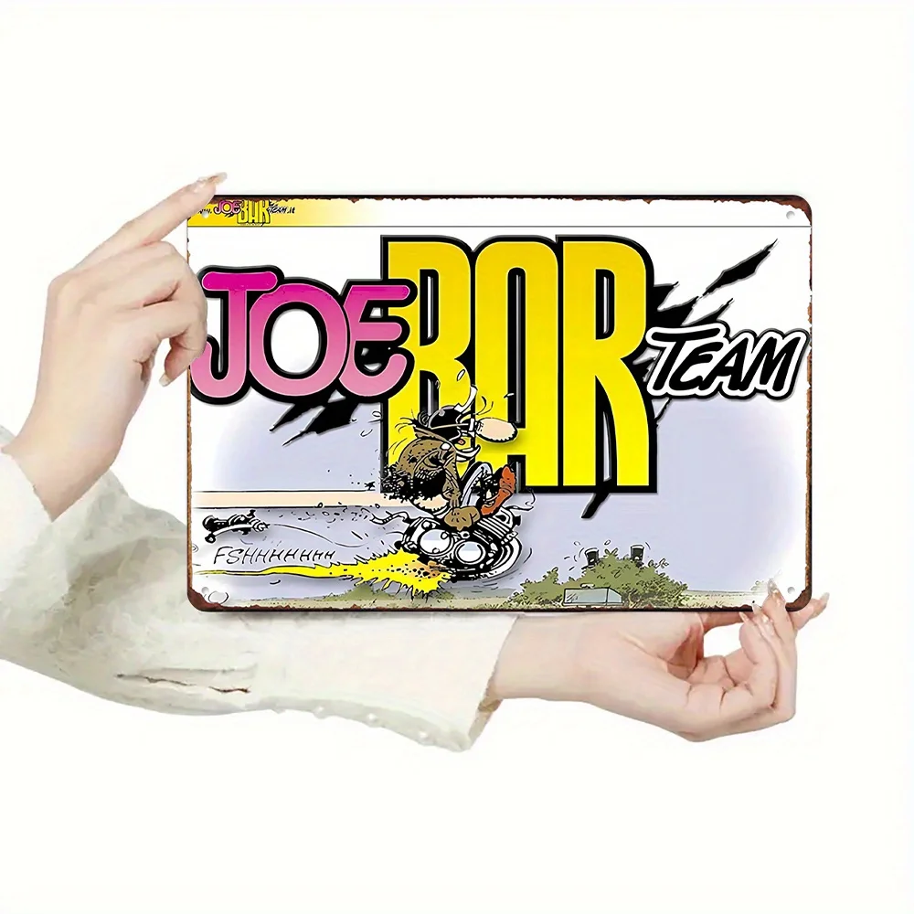 Joe Bar Team Motorcycle Retro Metal Tin Sign, Vintage Cartoon Biker Iron Painting Wall Art, Rustic Decorative Plaque for Garage