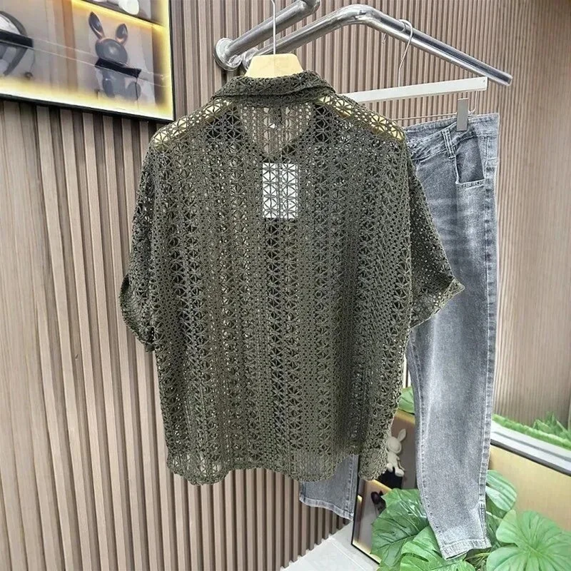 Men Hollow Crochet Mesh Short Sleeve Shirt Lapel Collar Button‑Up Openwork Loose Casual Beach Tops