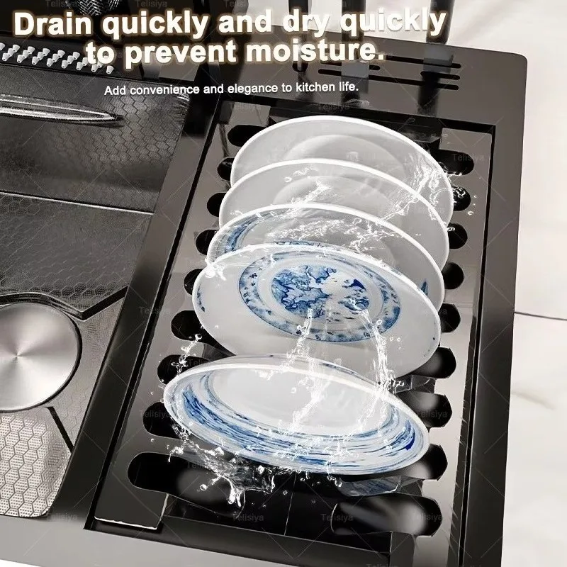 100CM Stainless Steel Waterfall Kitchen Sink Multifunctional With Draining Rack Digital Display Faucet Extra Large Single Slot