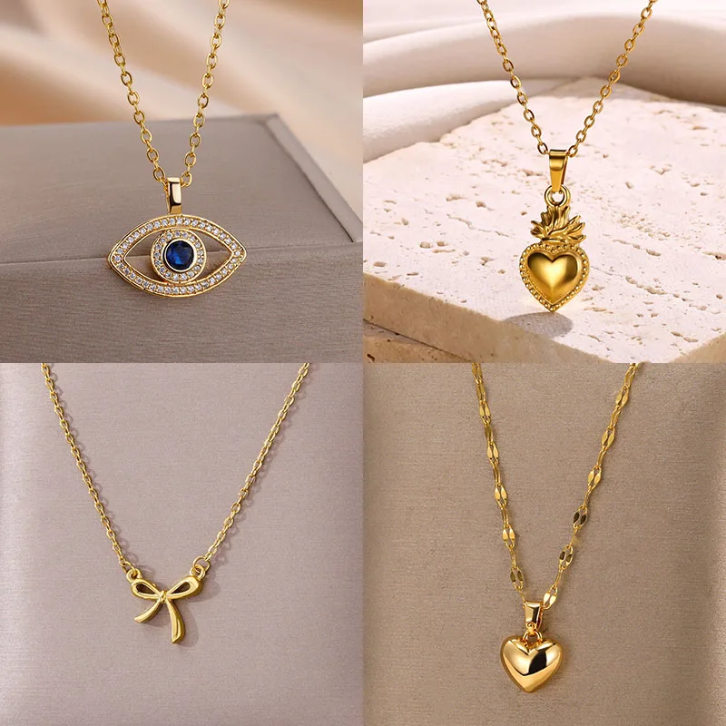 Zircon Evil Eye Pendant Necklaces For Women Stainless Steel Gold Color Necklace 2024 Trend Aesthetic Lucky Turkish Jewerly Gift