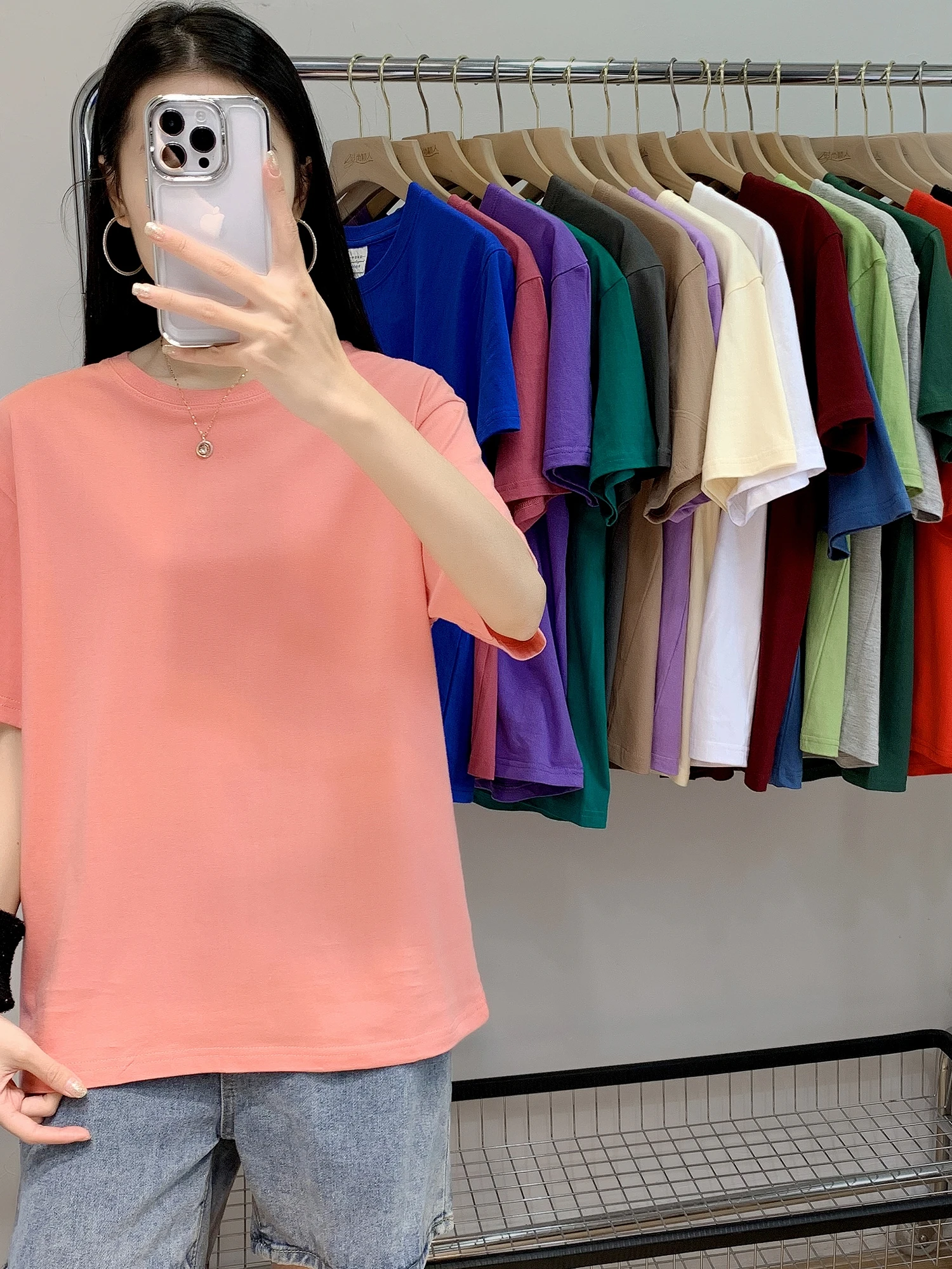 Heavyweight Pure Cotton Simple Style Short Sleeve T-Shirt Women's Loose Versatile Violet Color Top for Broadcasters And Best ...