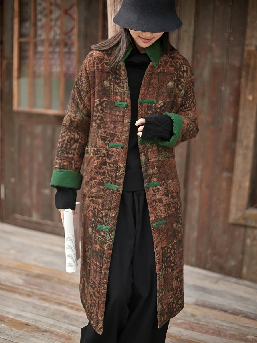 

Loose Fit Thiened Long Cotton Jaet Double Layered National Sle Contrast Color Button Design Artistic Commute Sle Coat