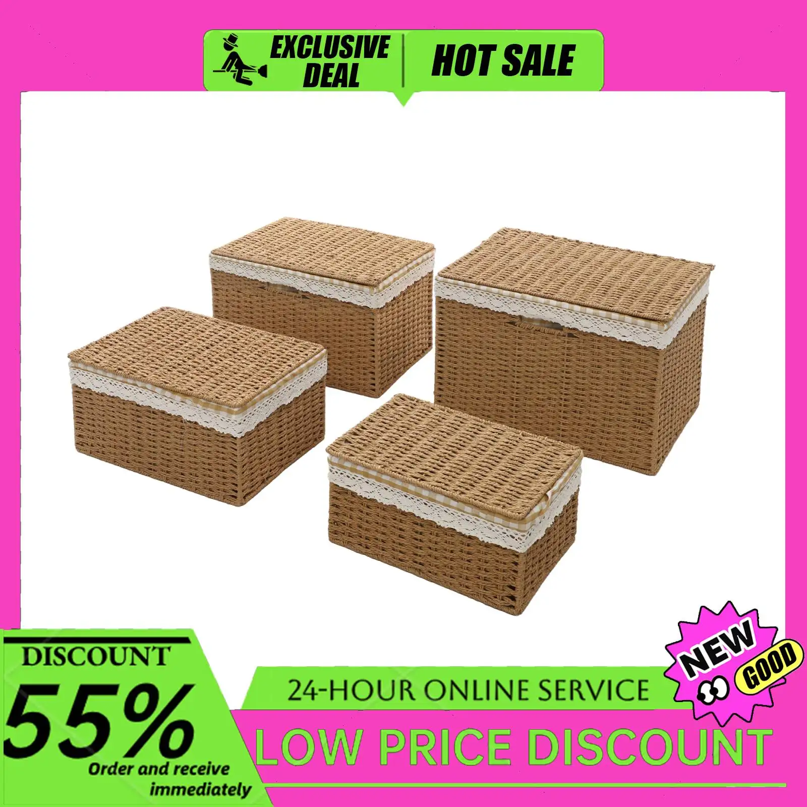 Storage Basket with Lid 4PCS Rope Woven Large Storage Bins 12.2-16.14in with Handles for Clothes/Toys
