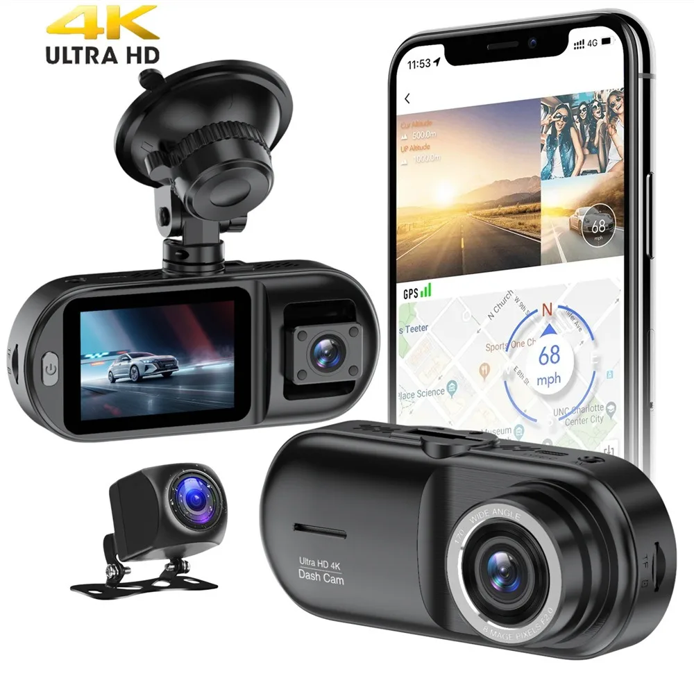 Ultra HD 4K Triple Recording Dash Cam with G-Sensor and Rearview Image, Triple-Lens Car DVR Black Bo