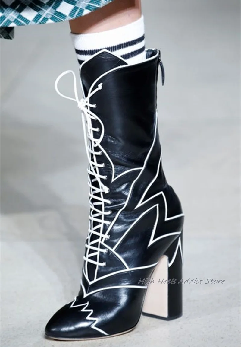 Lace up Chunky Heel Mid Calf Boots Black\Red\White Leather Booties 2024 New in Luxury Designer Runway Shoes