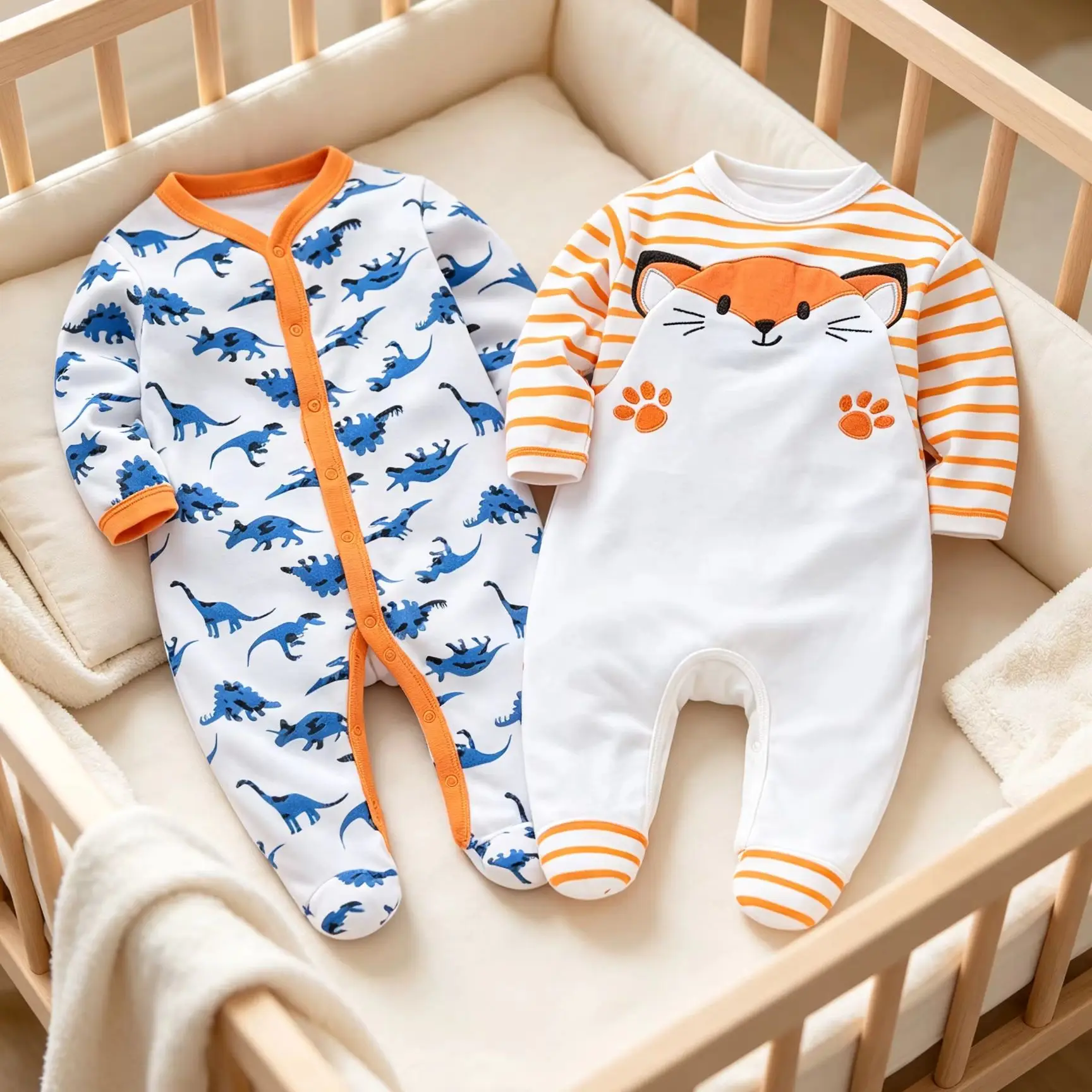 2Pcs Newborn Footed Rompers Set 100% Cotton Long Sleeve Baby Cute Dinosaur Print & Cartoon Fox Embroidery Infant Jumpsuit