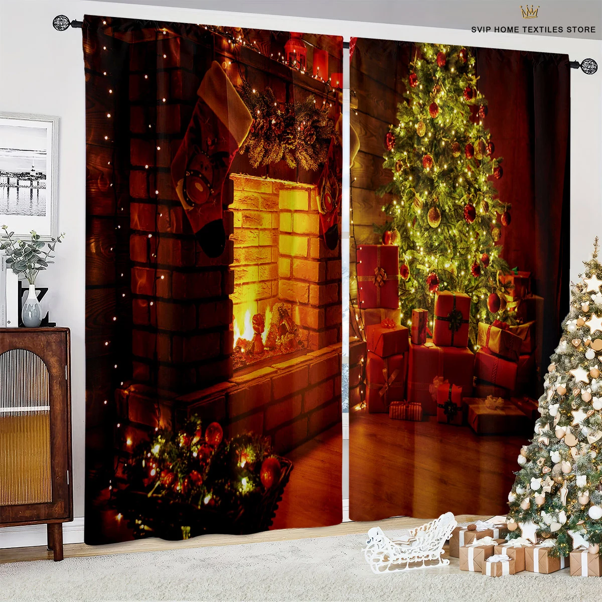 

Merry Christmas Cartoon Print Curtains, Fireplace, Tree, Home Decor, Bedroom, Living Room, Kitchen, Decorative, 2 Pcs