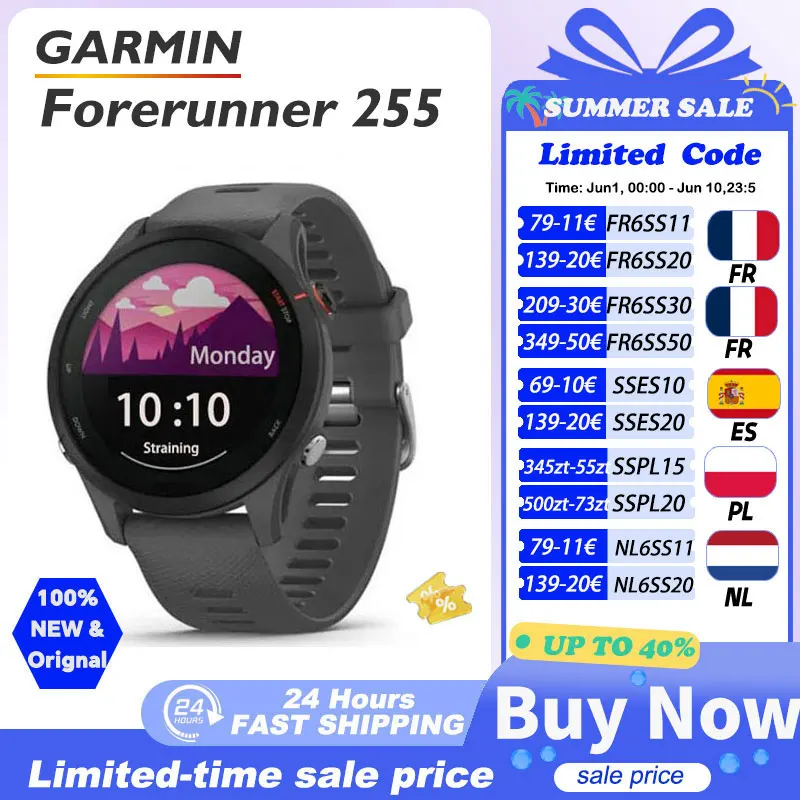 Montre Garmin Forerunner 255, montre connectée sportive Garmin, 46 mm, écran couleur 1,3'', autonomie de 14 jours, 4 Go de RAM, NFC, Bluetooth, Wifi, étanche 5 ATM