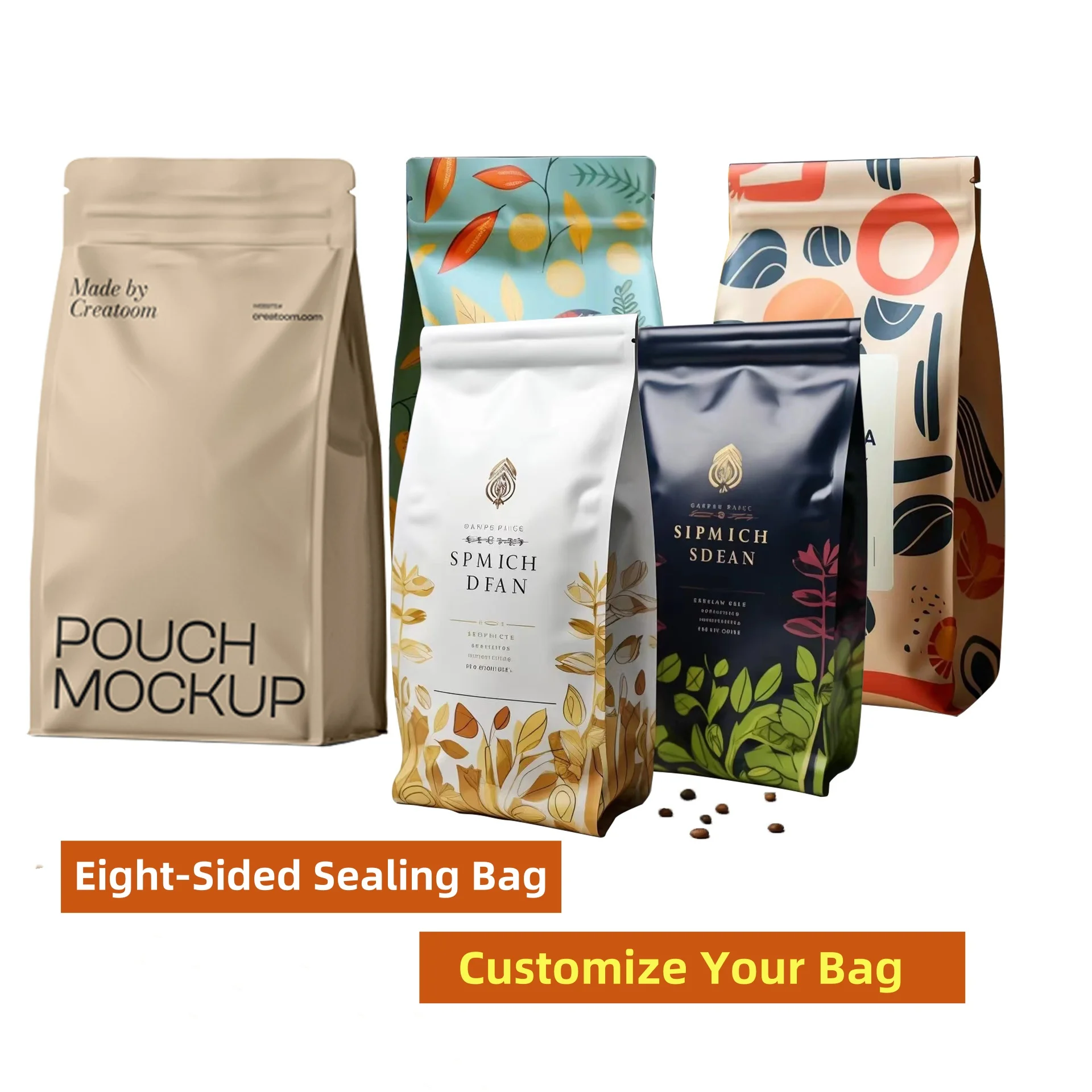 500pcs High Quality Eight Sided Sealed Aluminum Foil Stand Up Pet Food Pacakging Bag Home Storage Ziplock Seal Colorful Bag