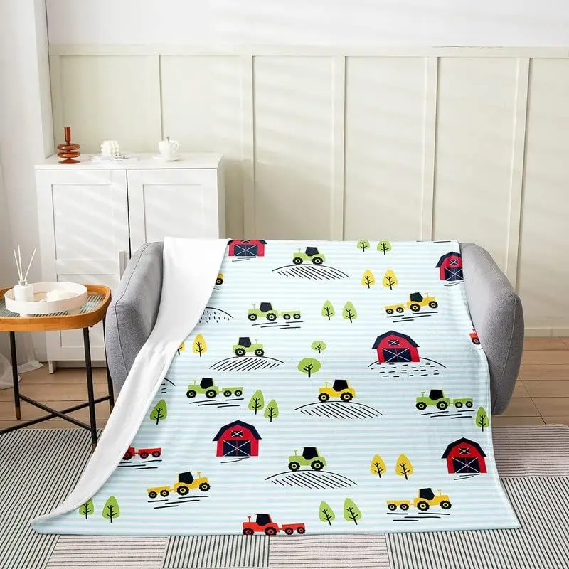 Tractor All Season,Bed Blanket Cartoon Farm Equipment Trucks Flannel Fleece Blanket Construction Car Plush Throw