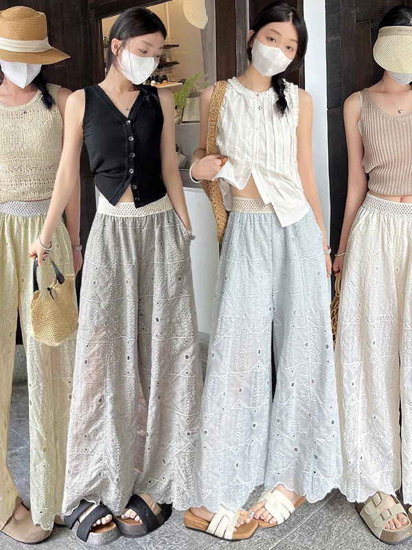 Blue Embroidered Lace Hollow Casual Pants High Waist Loose Small Size Straight Leg Nine Points Wide Leg Summer Thin Model