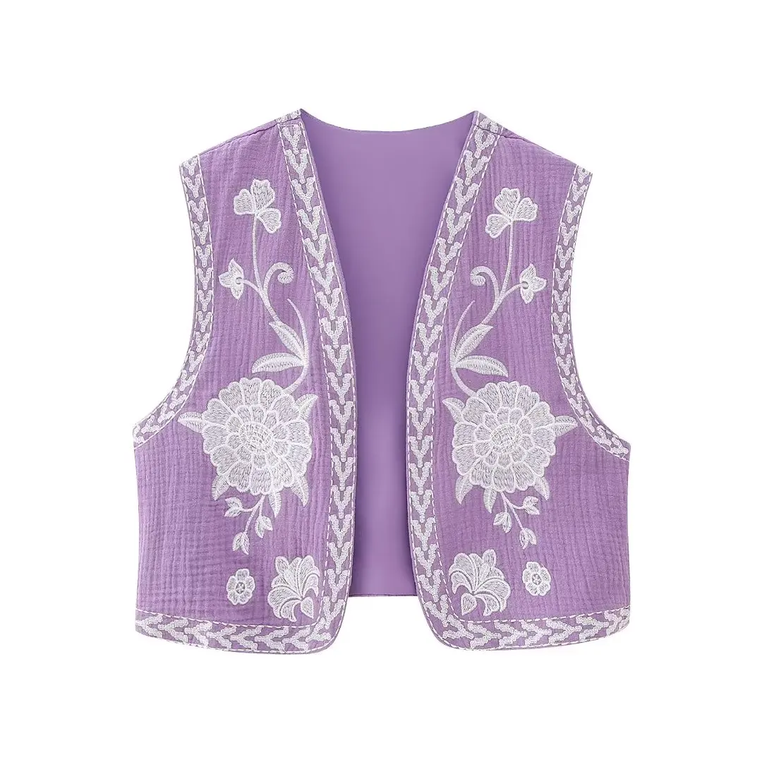 Traf Vintage Floral Embroidery Women Vest V Neck Short Crop Top Summer Slim Waistcoats Female Sleeveless Coat Y2k 2023 Thin