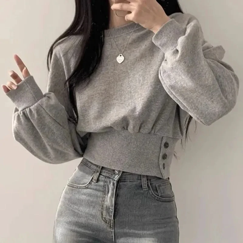 New Spring Autumn Women Korean Style Simple Casual Streetwear Sweatshirts Y2K Female O Neck Long Sleeve Chic Pullover Short Tops