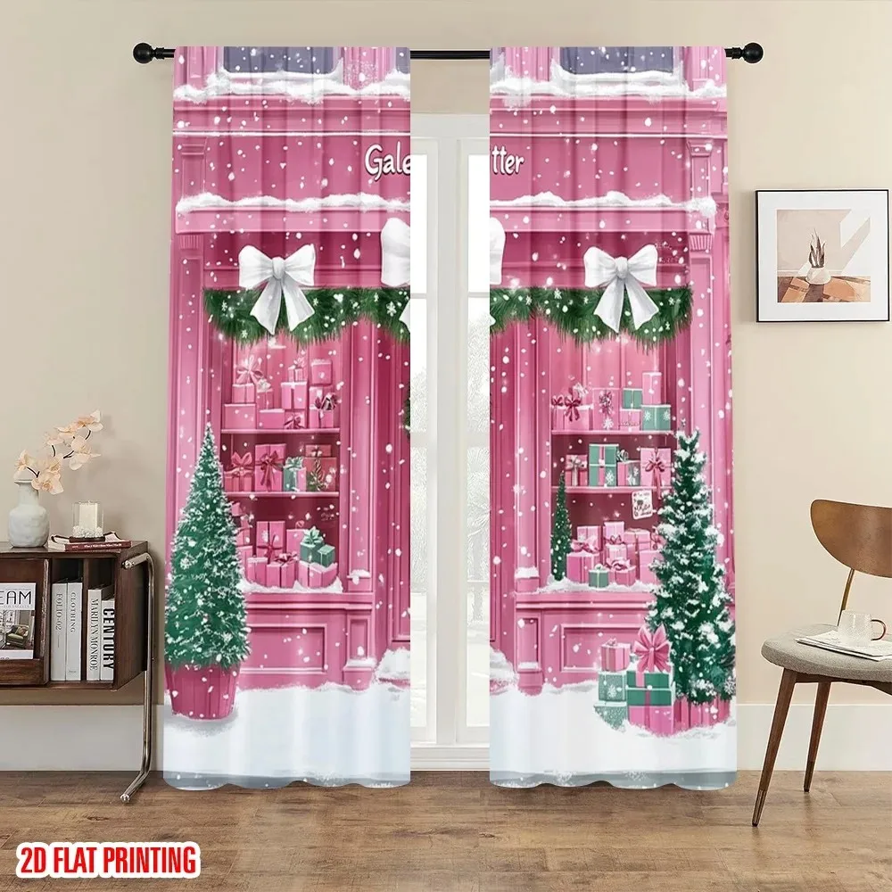 2PCS Digital Print Curtain, Pink Christmas Shop Window with Gift Boxes and Tree, Snowy Scene and Bows, for Window Home Decor