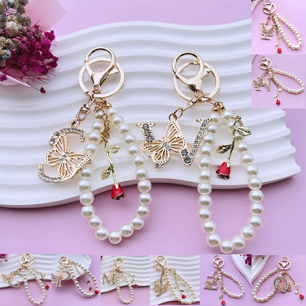 Inicjał A-Z 26 motyl duże litery róża brelok do kluczy dżetów żywica perła zroszony brelok do kluczy torba wisiorek biżuteria kobiety prezent