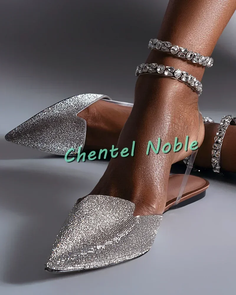 Pointed Toe Shape Women Sandals Ankle Strap Buckle Rhinestone Decoration Slingback Solid Summer Girl Flats 2025 New Arrivals