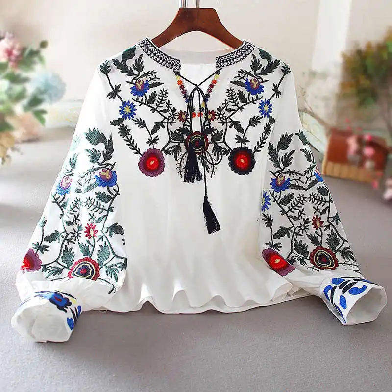 

Women's Retro Blouse National Style Embroidered Lace-Up Tassel V-Neck Lantern Sleeve Tops Loose All-Match Female Blusa A21