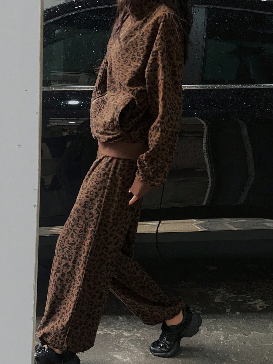 Womens Brown Leopard Corduroy Loose Two-Piece Set With Cropped Jacket And Wide-Leg Pants