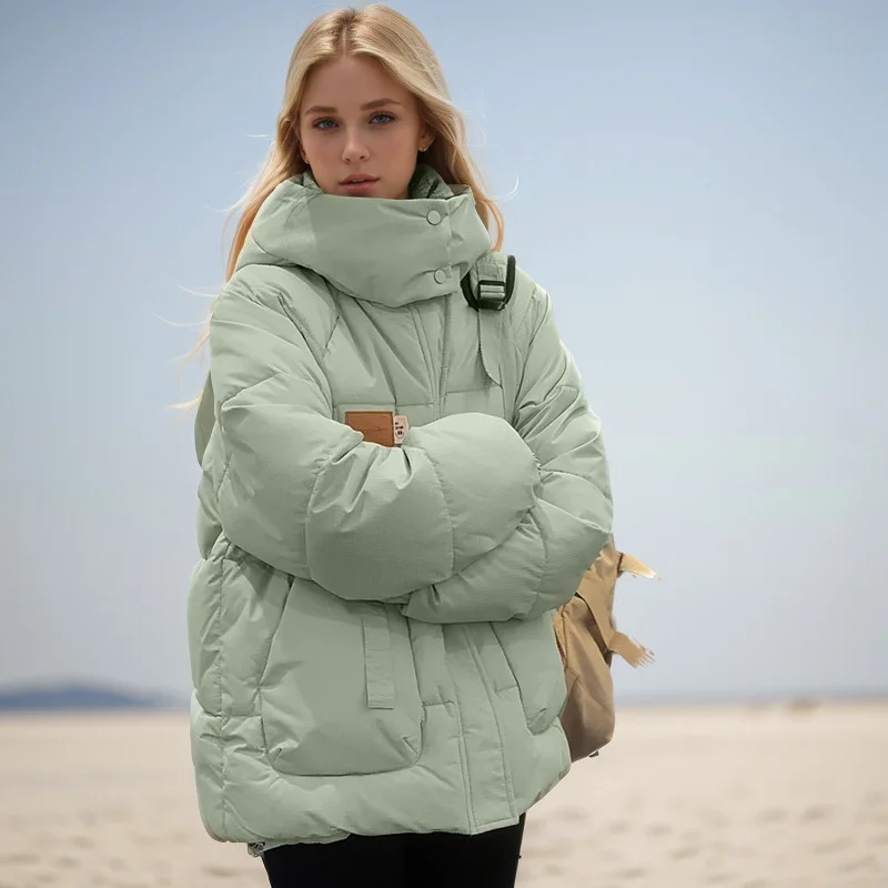 Winter Windproof Thermal Jacket for Women Lady's Padded Coat Geometric Print Zipper Fly Hooded Cropped Female's Quilted Jacket