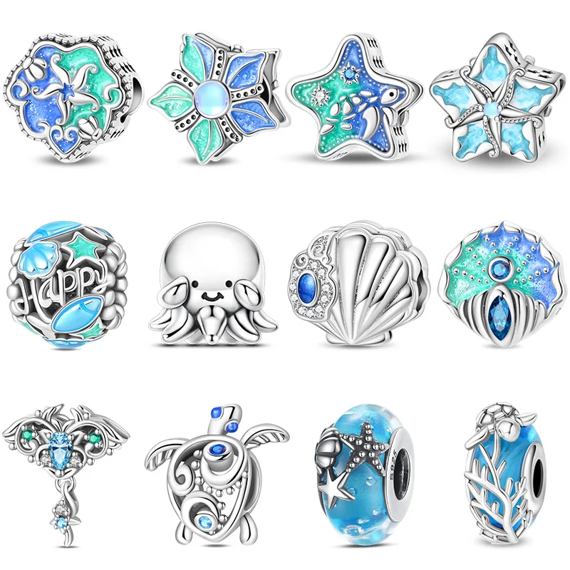 New 925 Sterling Silver Blue Ocean Series Devil Fish Turtle Charms Beads For Women Fit Original Bracelet DIY Party Jewelry Gifts