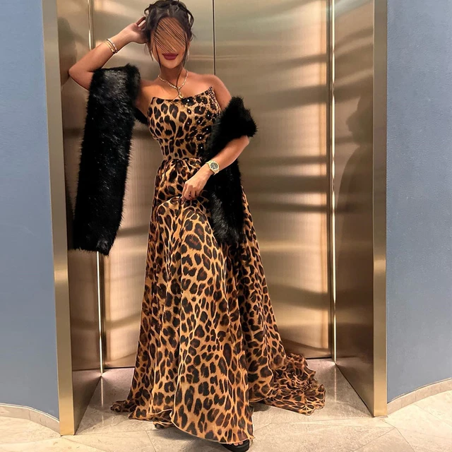 Customized Leopard print Prom Gown Strapless A line Sweep Train Party with Fur Shawl Backless Evening Dresses AliExpress