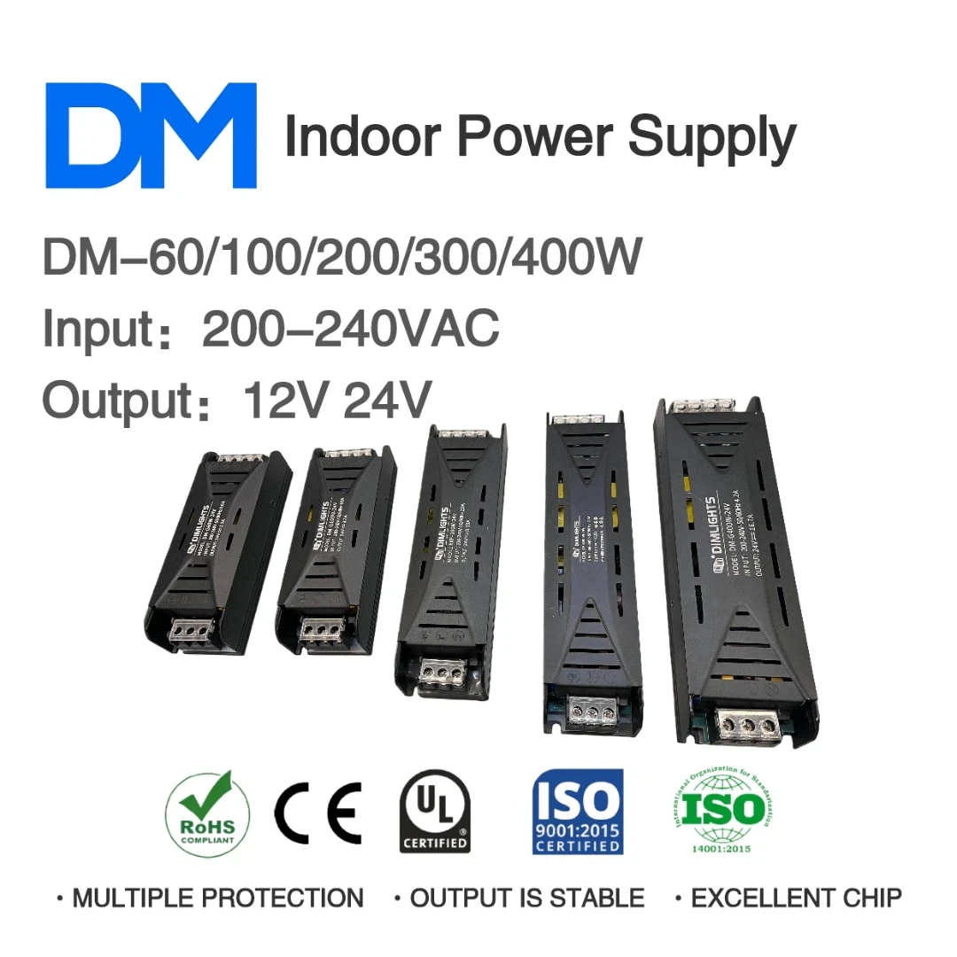 

AC200-240V to DC 12V/24V 60W 100W 200W 300W 400W Indoor Switching Power Supply 100% Power Load LED Light Driver